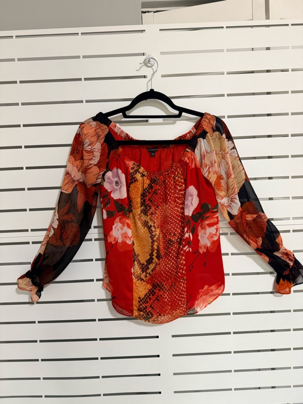 GUESS Red Floral & Snake-Print Peasant Blouse, size S